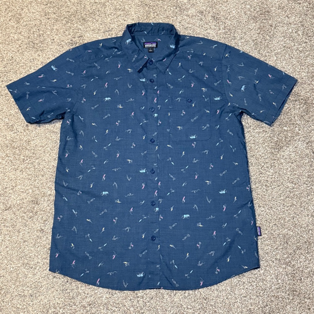 Patagonia Go To Shirt Mens Large Blue Surfer Print Organic Cotton Button Down